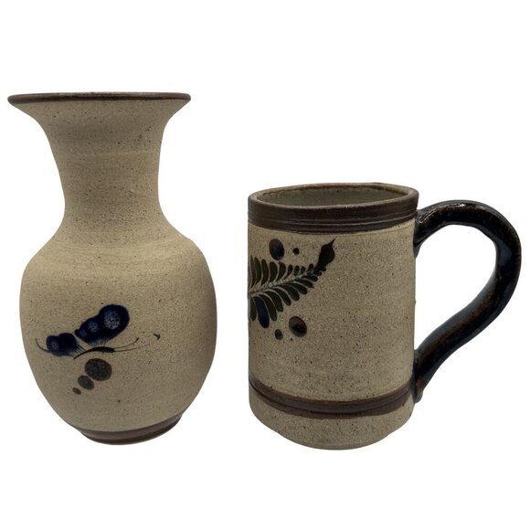 Vintage Mexican Folk Art Gardiel Pottery Mexico Signed Mug Vase Set Collectable - Picture 3 of 15